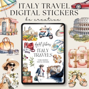 Könnte beinhalten: Aquarell-Digitalsticker mit dem Thema Italien-Reise. Das Bild enthält Illustrationen eines roten Sportwagens, des Kolosseums, eines Vespa-Rollers, einer Gondel, Gepäck und einer Frau mit Hut. Der Text lautet "ITALY TRAVEL DIGITAL STICKERS".