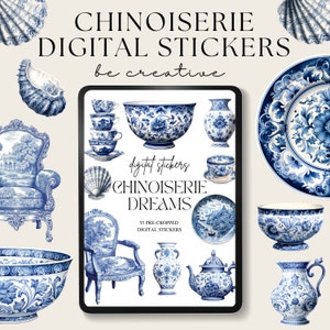 Chinoiserie Digital Planner Stickers | Digital Sticker Book | Goodnotes Stickers | Blue China Stickers | Goodnotes Planner | Ipad Home Decor