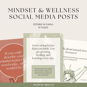 Puede incluir: Publicaciones digitales en redes sociales para la mentalidad y el bienestar, editables en Canva. La imagen presenta tres publicaciones de muestra con texto inspirador, incluidas indicaciones para la autorreflexión y el impulso del estado de ánimo. El diseño es en tonos neutros con acentos botánicos.