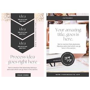 May include: A pink and black graphic design template with a gold glitter overlay. The template features the text "Process idea goes right here" and "Not to mention that absolutely fabulous extra text which can go here in this section." The template also includes the text "idea" three times, with the text "little bit of text goes here" below each instance of the word "idea". The template also includes the text "www.yourwebsite.com" and "Read More".