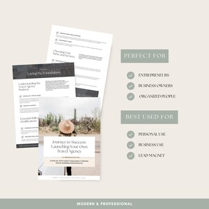 May include: A stack of white documents with text, including "Journey to Success: Launching Your Own Travel Agency." The documents are accompanied by text boxes that read "Perfect For" and "Best Used For." The overall theme is modern and professional.