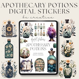 May include: Digital stickers featuring 100 pre-cropped images of apothecary potion bottles with floral and botanical designs. The stickers are perfect for adding a touch of whimsy and magic to planners, journals, and other creative projects.