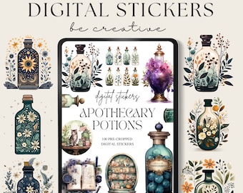 Apothecary Digital Planner Stickers, Potion Bottle Goodnotes Stickers, Notability Planner PNGs, Witchy Woo Embellishments, Magical Decor