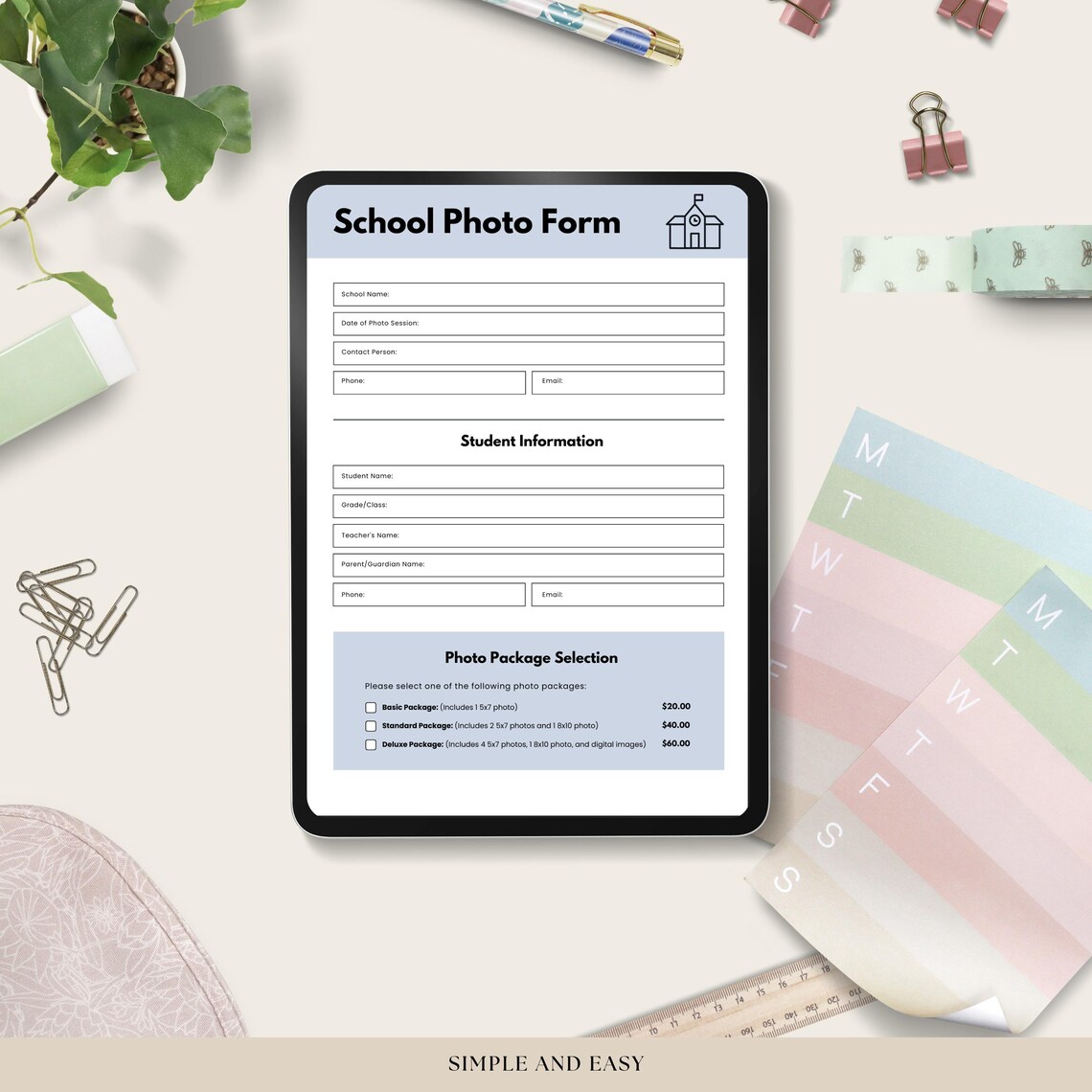 School Photo Form, Printable Template, Photography Order Form, Editable ...