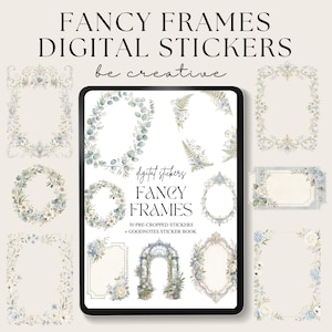 Stickers numériques cadres fantaisie, livre d'autocollants GoodNotes, autocollants PNG cadre floral, autocollants de planificateur numérique vintage, étiquettes botaniques bleues