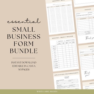 Könnte beinhalten: Ein Satz von 50 druckbaren Kleinunternehmer-Formularen, darunter Rechnungen, monatliche Rechnungen, ein Gewinn-Tracker und ein Bewerbungsformular. Die Formulare sind in einem minimalistischen Schwarzweiß-Stil gestaltet und in Canva bearbeitbar.