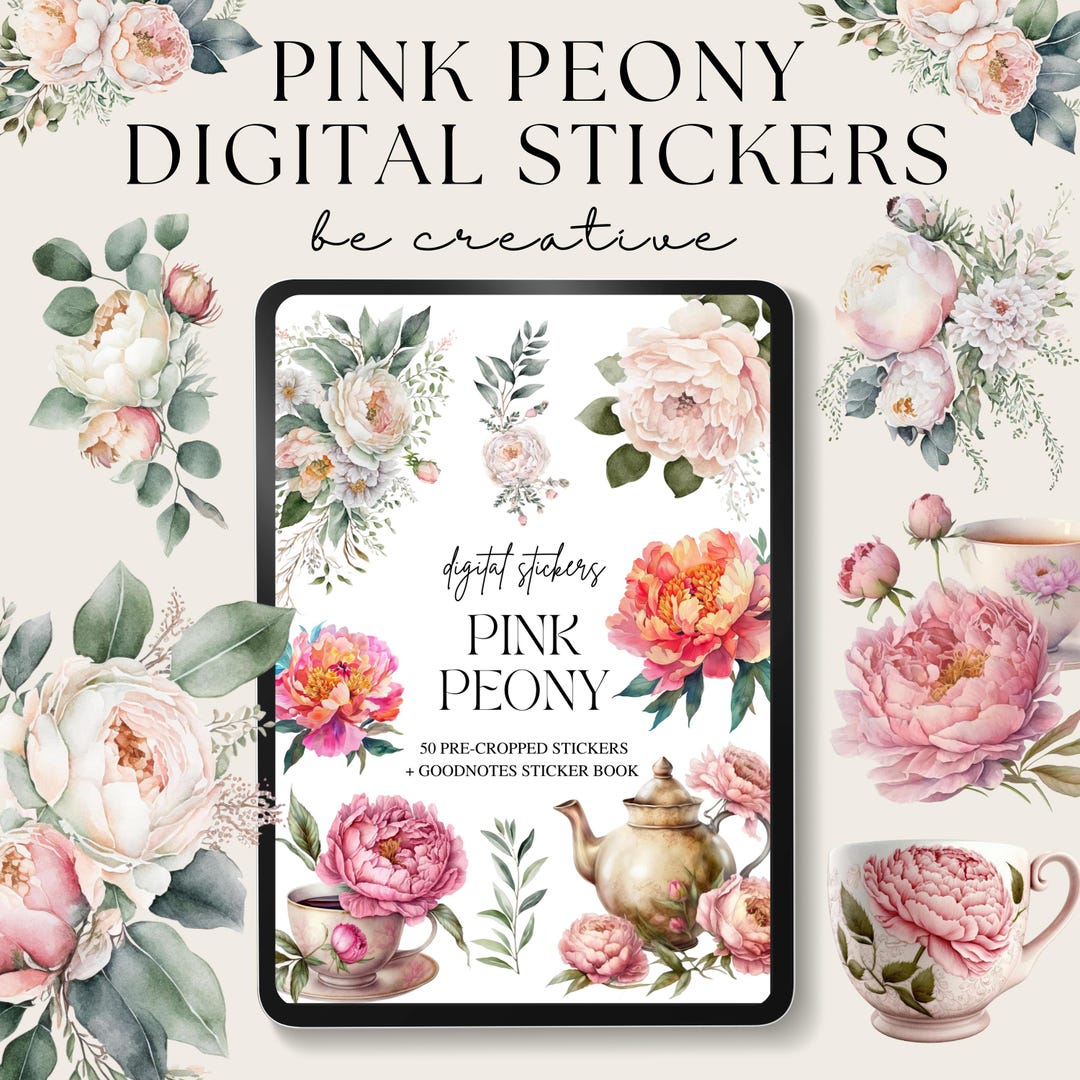 Pink Peony Flower Digital Stickers, Goodnotes Floral Stickers, Peonies ...