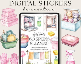 May include: Digital stickers for spring cleaning with a watercolour design. The stickers include a variety of cleaning supplies, such as a broom, a sponge, a spray bottle, and a bucket. There are also some cute illustrations of teddy bears, a candle, and a clothesline with laundry hanging on it. The text on the stickers reads "Go Spring Cleaning" and "48 Pre-Cropped Stickers + Goodnotes Sticker Book".