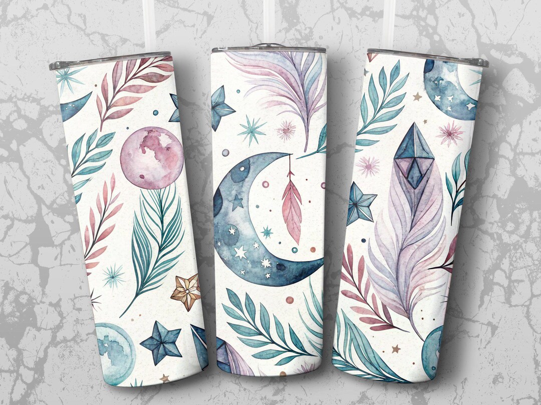 Celestial Digital Tumbler Wrap PNG, Watercolor Moon Stars Feathers ...