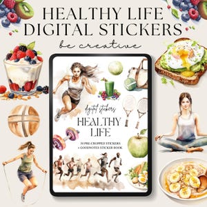 May include: A digital sticker pack with a watercolor design featuring healthy lifestyle themes. The pack includes 50 pre-cropped stickers and a Goodnotes sticker book. The stickers feature images of fruit, vegetables, exercise, and healthy food.