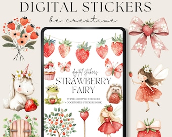 Strawberry Fairy Stickers, Cute PNGs, Goodnotes Sticker Book, Cottagecore Digital Stickers, Kawaii Journal Fairies, Berry Clipart