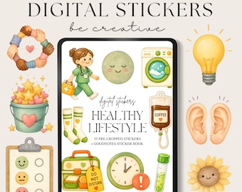 Healthy Lifestyle Digital Stickers, Wellness Planner PNG, Self Care Clipart, Health Routine Icons, Digital Journal Pack, Instant Download