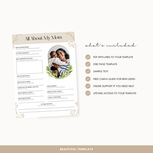 May include: Printable "All About My Mom" questionnaire with a photo of a mother and child. The questionnaire includes prompts like "Mom's Superpowers", "Mom's Magic Words", and "What I Wish for Mom".