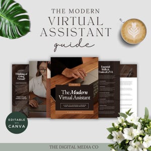 May include: A guide titled "The Modern Virtual Assistant" with the text "A guide to launching & growing your freedom-based business." The cover is brown with white text. The image includes a coffee cup, flowers, and a large green leaf.