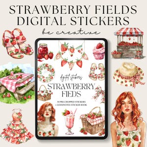 Strawberry Fields Digital Stickers, Goodnotes Fruity Stickers, Notability Planner, Healthy Food PNGs, Farmer Stickers, Strawberries Clipart