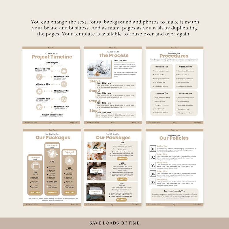 K&ouml;nnte beinhalten: Eine beige und wei&szlig;e Vorlage f&uuml;r einen Businessplan. Die Vorlage enth&auml;lt Abschnitte f&uuml;r einen Projektzeitplan, den Prozess, Verfahren, Pakete und Richtlinien. Die Vorlage ist so konzipiert, dass sie sich leicht mit Text, Schriftarten, Hintergrundfarben und Fotos anpassen l&auml;sst.