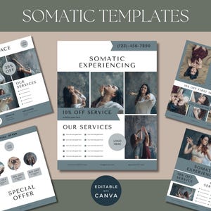 Sjablonen Somatic Experiencing, prijslijst Somatic Services, afdrukbaar op canva, Healer Marketing, Flyer Healing bewerkbare services