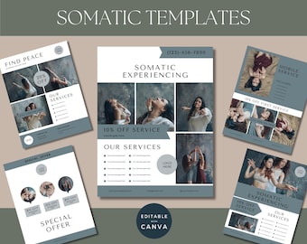 Plantillas de experiencia somática, lista de precios de servicios somáticos, folleto imprimible de Canva, marketing de sanadores, folleto editable de servicios de sanación