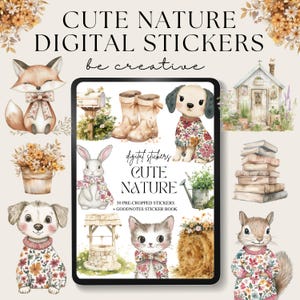 Könnte beinhalten: Digitale Sticker mit niedlichen Naturmotiven. Die Sticker beinhalten einen Fuchs, ein Kaninchen, einen Hund, eine Katze, ein Eichhörnchen, einen Brunnen, Stiefel, einen Briefkasten, Blumen und ein Haus. Der Text auf dem Stickerbogen lautet "digital stickers cute nature 50 pre-cropped stickers + goodnotes sticker book".