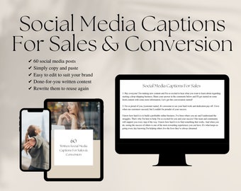 May include: Image of a digital marketing product. The image shows a smartphone, a tablet, and a computer screen displaying social media captions for sales and conversion. The text highlights 60 social media posts, copy and paste functionality, and easy editing.