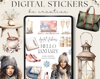 January Digital Stickers, Goodnotes Stickers, Online Planner PNGs, Winter Stickers, Pre-Cropped Stickers, Scrapbooking Embellishments