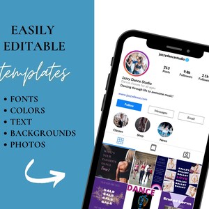 May include: A screenshot of a mobile phone displaying a social media profile for a dance studio. The profile has a purple and white colour scheme and features a photo of two dancers. The profile text reads "Jazzy Dance Studio" and "Dancing through life to awesome music!"