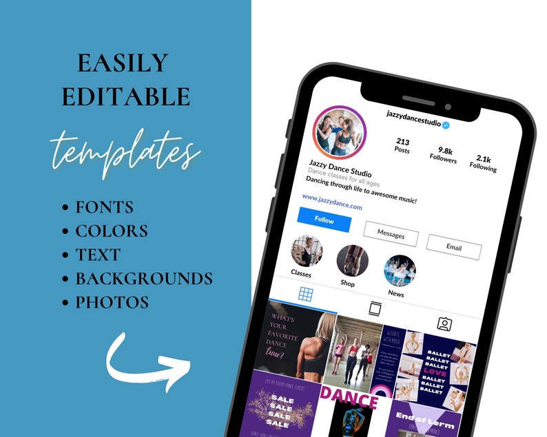 May include: A screenshot of a mobile phone displaying a social media profile for a dance studio. The profile has a purple and white colour scheme and features a photo of two dancers. The profile text reads "Jazzy Dance Studio" and "Dancing through life to awesome music!"