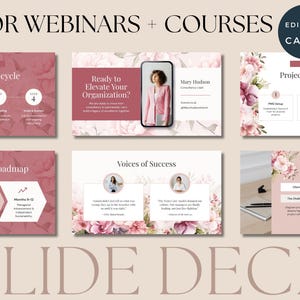 May include: A slide deck template with a floral design, featuring the text "FOR WEBINARS + COURSES" and "SLIDE DECK". The slides include titles like "Project Management" and "Impact Analysis", with the option to edit with Canva.