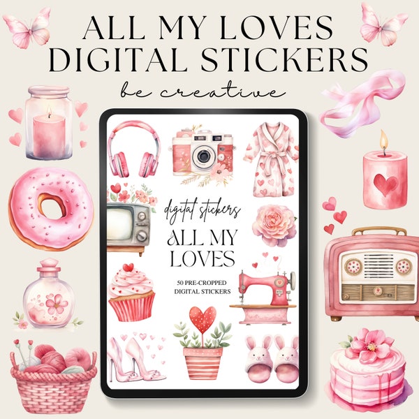 All My Loves Pink Valentines Day Stickers, Romantic Goodnotes Stickers, Digital Planner Love Stickers, Notability Heart Pngs, Scrapbooking