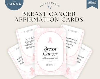 Puede incluir: Un juego de 25 tarjetas de afirmación rosas y blancas con un diseño de cinta rosa. Las tarjetas presentan afirmaciones positivas para pacientes con cáncer de mama. El texto en las tarjetas dice "Tarjetas de afirmación para el cáncer de mama".