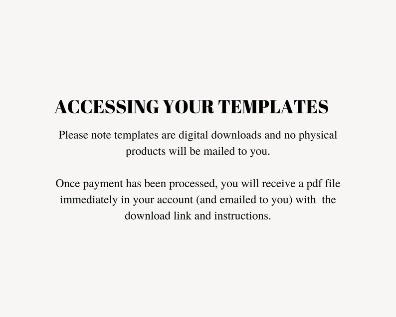 May include: Text on a white background explaining that digital downloads are available and no physical products will be mailed. Once payment is processed, a PDF file with a download link and instructions will be sent to your account and emailed to you.