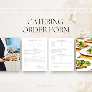 Könnte beinhalten: Ein druckbares Catering-Bestellformular mit Abschnitten für Kontaktinformationen, Veranstaltungsdetails, Ernährungspräferenzen, zusätzliche Dienstleistungen, Zahlungsinformationen und eine Vereinbarung. Das Formular ist im minimalistischen Stil mit schwarzem Text auf weißem Hintergrund gestaltet.