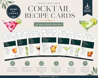 Cocktail Recipe Cards, Printable Drink Recipe Cards for Home Bar, Mixology Gift, Instant Download, Canva Bar Templates, Barman Marketing