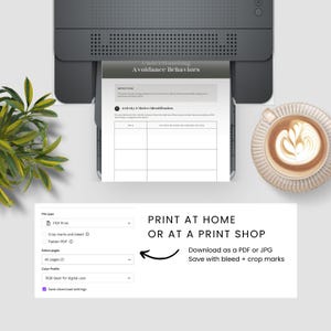 May include: A printer printing a document titled "Understanding Avoidance Behaviors." The document includes a table for "Activity 1: Motive Identification." Text on the image reads "Print at Home or at a Print Shop." A cup of coffee sits on a saucer.