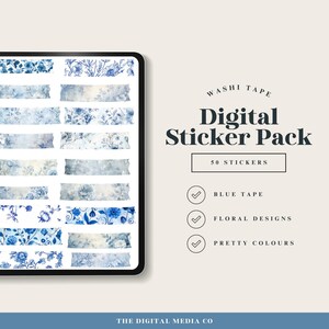 May include: A digital sticker pack of 50 blue and white floral washi tape designs. The stickers are perfect for adding a touch of elegance to planners, journals, and other paper crafts.