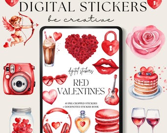 May include: A digital sticker pack with 40 pre-cropped stickers for Goodnotes. The stickers feature red hearts, roses, lips, a lock, a camera, a guitar, a cake, a jar of hearts, headphones, a perfume bottle, and macarons. The text "Red Valentines" is featured on the sticker sheet.