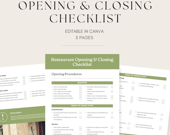 Restaurant Checklist | Printable Opening and Closing Check List | Food Industry Planner | Digital Canva F&B Sheet | Cafe Printable Sheet