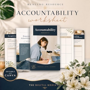 May include: A digital accountability worksheet set featuring a dark blue and cream color palette. The pages include headers like Recognizing, Response Acknowledgment, and Identifying Influencing Behaviors, with sections for writing, tables, and text.