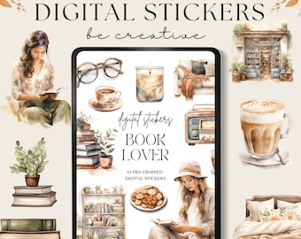 May include: A digital sticker set featuring watercolour illustrations of books, coffee, candles, and other cosy items. The set includes 65 pre-cropped stickers perfect for planners, journals, and digital scrapbooking.