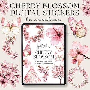 Klistermärken med körsbärsblommor, rosa estetiska Goodnote-klistermärken, blommiga scrapbook-PNG:er, vårplaneringsdekor, digital Sakura-clipart