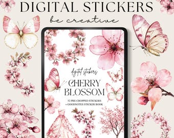 Cherry Blossom Stickers, Pink Aesthetic Goodnotes Stickers, Floral Scrapbook PNGs, Spring Planner Decor, Sakura Digital Clipart