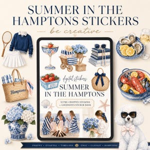 Pode incluir: Um conjunto de autocolantes digitais intitulado Summer in the Hamptons com 52 autocolantes pré-cortados e um livro de autocolantes Goodnotes. A imagem mostra ilustrações de raquete, roupa, saco de palha, hortênsias, ostras, lagosta e caniche.