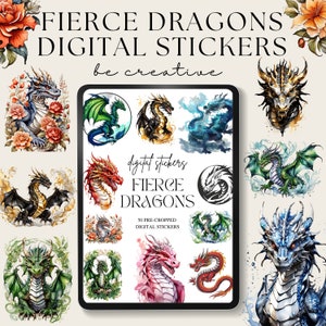 Może przedstawiać: Zestaw naklejek cyfrowych z 50 wstępnie przyciętymi akwarelowymi ilustracjami dzikich smoków w różnych kolorach i pozach. Tekst "digital stickers FIERCE DRAGONS 50 PRE-CROPPED DIGITAL STICKERS" jest wyświetlany na ekranie tabletu.