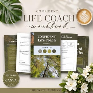 以下が含まれることがあります： Confident Life Coachのワークブックで、複数のページが表示されています。森林の樹冠の画像、オリーブ色とアースカラーのカラーパレット、強みやアファメーションのためのセクションが含まれています。テキストにはEditable with Canvaと記載されています。