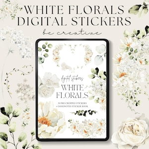 White Floral Digital Stickers, Goodnotes Flower Stickers, Plant Stickers, Goodnotes Planner Collection, Notability Ipad Set, Png Stickers