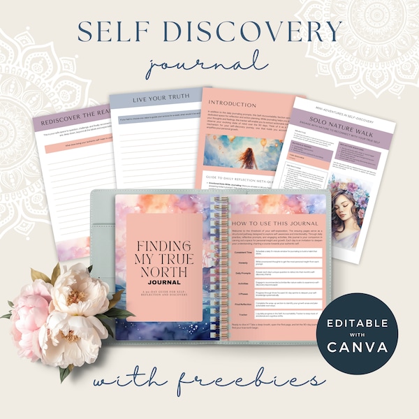 True North Journal, Personal Discovery Planner, Canva White Label Rights Template, Life and Career Coaching Lead Magnet, Affirmation Deck