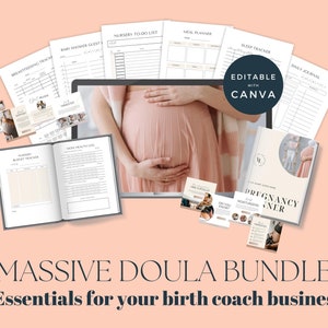 May include: A digital product bundle for doulas and birth coaches. The bundle includes printable worksheets, trackers, and journals for pregnancy, labor, and postpartum. The image shows a laptop screen with a pregnant woman, and several printable documents, including a pregnancy journal, a nursery budget tracker, a meal planner, a sleep tracker, a daily journal, a breastfeeding tracker, a baby shower guest list, and a nursery to-do list. The text "Editable with Canva" is visible on the image.