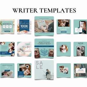 May include: A collection of 12 social media templates for writers, featuring a light blue background with white text and images. The templates include topics such as "New Novel", "Thank you 100K Subscribers", "Connect", "How to Write a Novel", "Your Topic", "What's Your Current Read?", "Create Your Own Story", "Sale", and "New Blog Post".