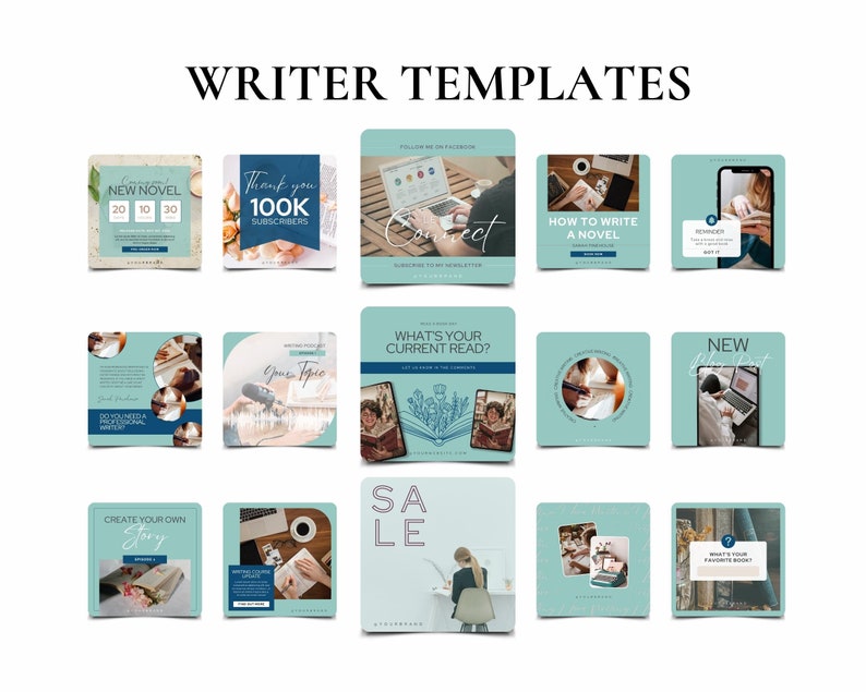 May include: A collection of 12 social media templates for writers, featuring a light blue background with white text and images. The templates include topics such as "New Novel", "Thank you 100K Subscribers", "Connect", "How to Write a Novel", "Your Topic", "What's Your Current Read?", "Create Your Own Story", "Sale", and "New Blog Post".