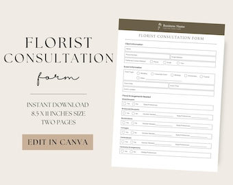 Consultatieformulier bloemist, afdrukbare bloemenplanner bruiloft, bloemenbestelformulier, bewerkbare canvassjabloon, bloemenwinkeldocument